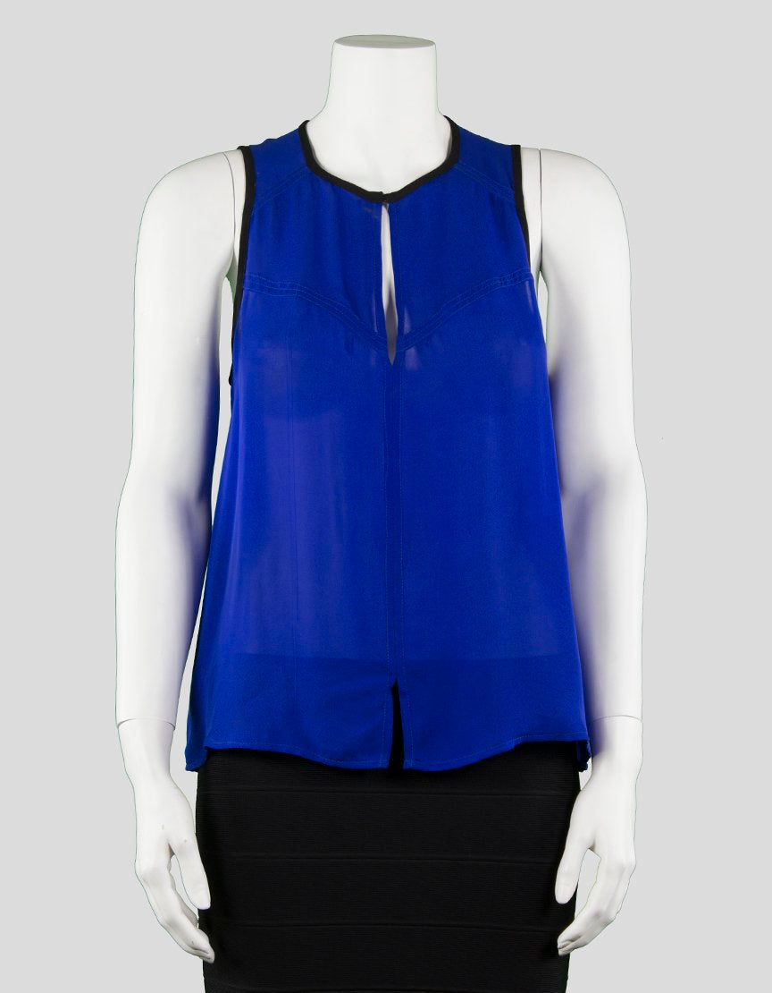 A.L.C. Blue Sleeveless A Line Blouse With Black Trim And Peep Hole At Collar And On Back And Slit At Front Waist Size Small