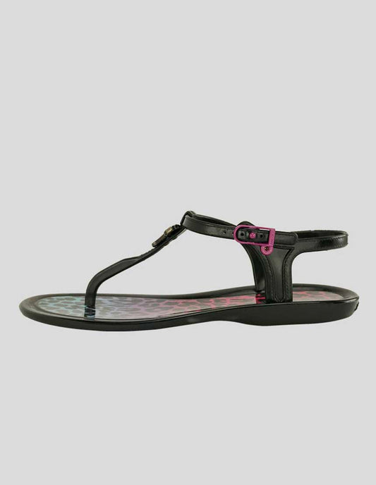 Jimmy Choo Black Maui Rob Pruitt Leopard Print Jelly Sandal With Pink And Turquoise Degrade Soles That Feature The Angel And Devil Panda Icons On Either Foot Size 39 It