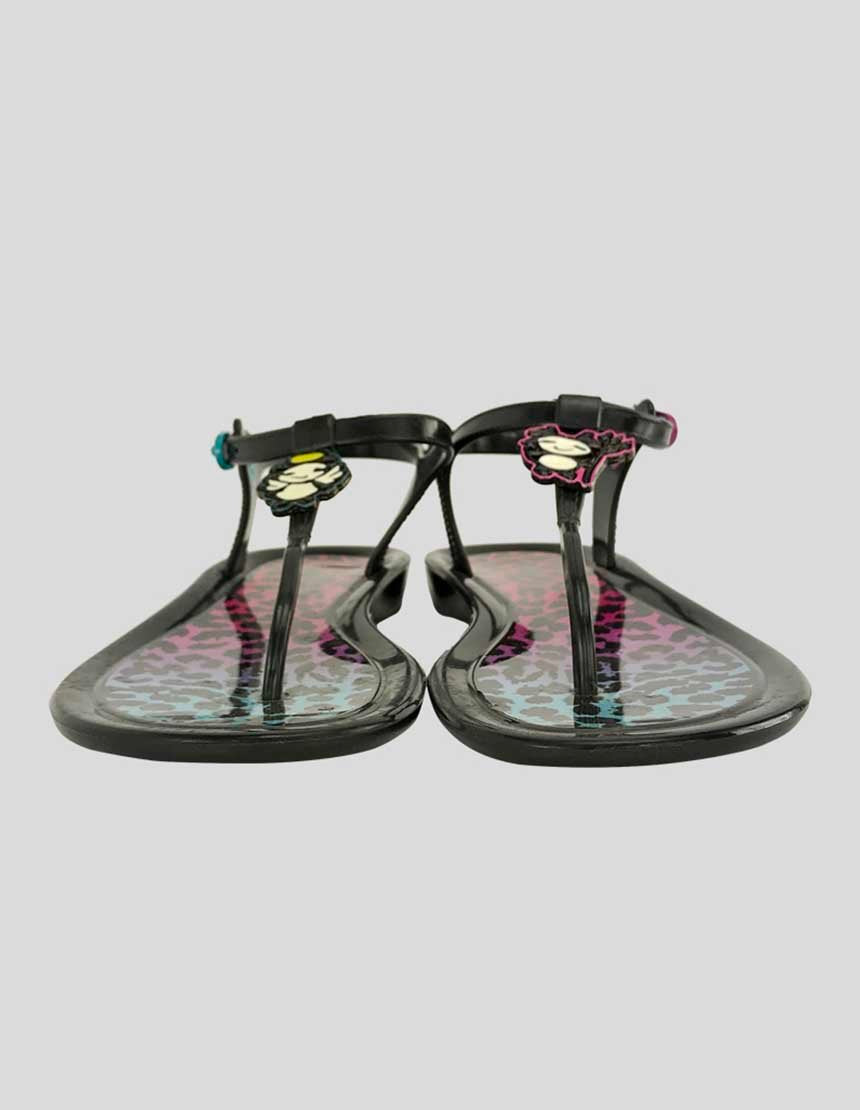 Jimmy Choo Black Maui Rob Pruitt Leopard Print Jelly Sandal With Pink And Turquoise Degrade Soles That Feature The Angel And Devil Panda Icons On Either Foot Size 39 It