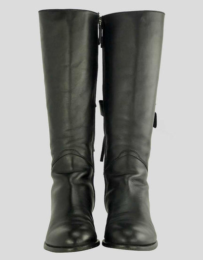 Valentino Red Ascot Knee High Black Leather Riding Boots With Lace Up Bow Accents Round Toe Size 39.5 It
