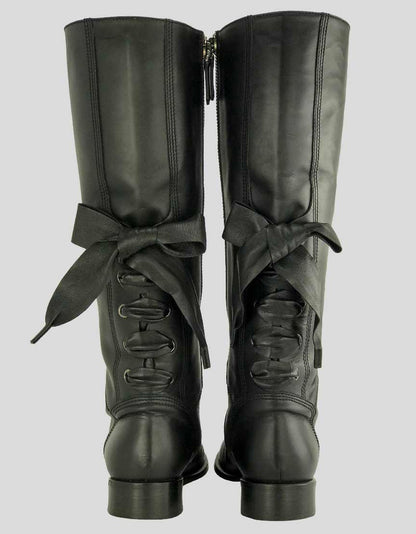 Valentino Red Ascot Knee High Black Leather Riding Boots With Lace Up Bow Accents Round Toe Size 39.5 It