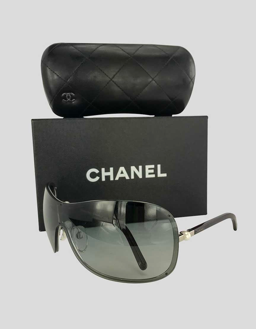 Chanel Brown Shield 4170 H Collection Perle Sunglasses With Brown Arms And Pearl At Temple