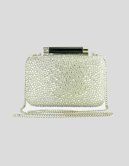 DVF Tonda Small Pave Crystal And Black Patent Leather Clutch Framed Rectangular Shell Snap Clasp With Bar Detail Fabric Lining