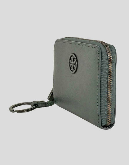 Tory Burch Women's Robinson Zip Around Coin Case In A French Grey Leather With Key Chain