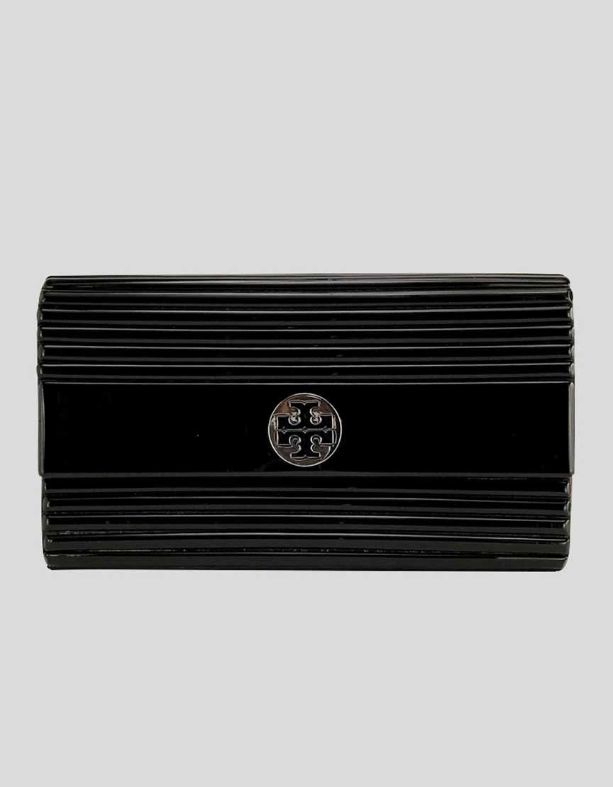 Tory Burch Women's Black Hard Ribbed Plastic Clutch With Black Leather Lining Tory Burch Emblem In Silver On Exterior