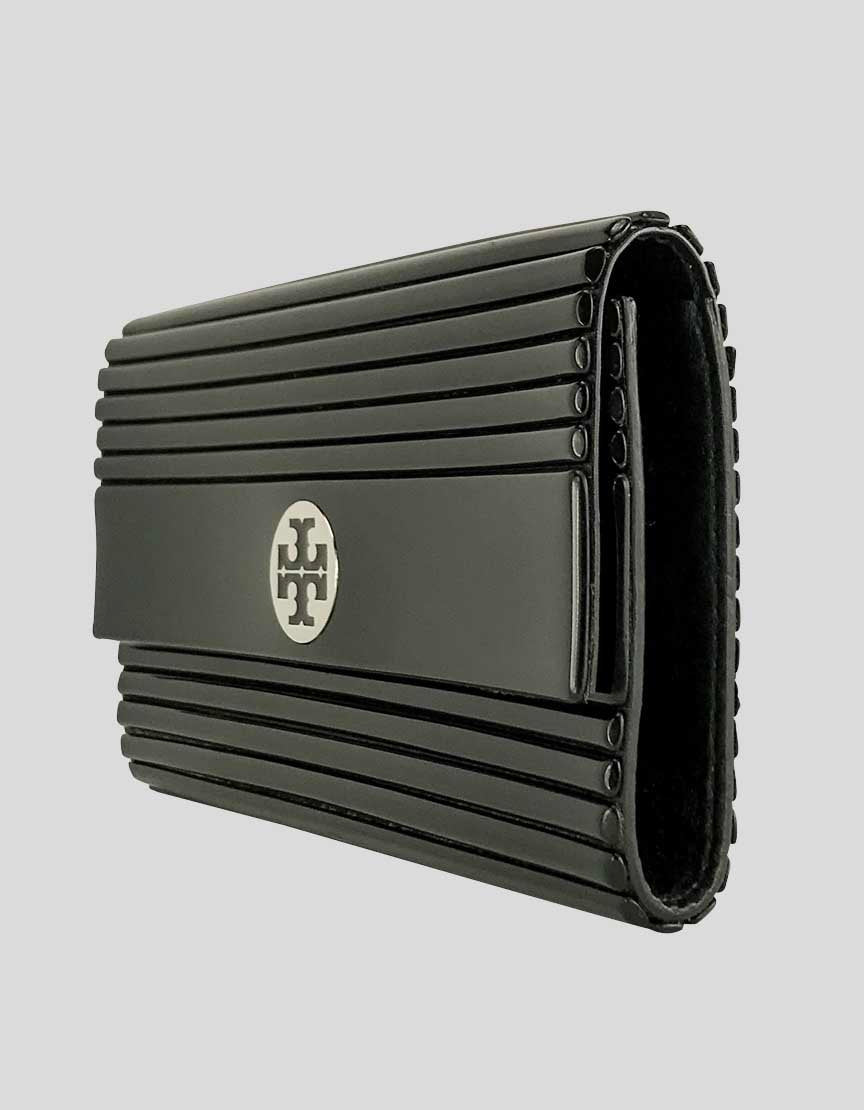 Tory Burch Women's Black Hard Ribbed Plastic Clutch With Black Leather Lining Tory Burch Emblem In Silver On Exterior