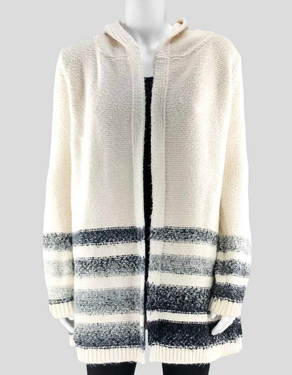 Splendid Long Cream Cotton Cardigan Sweater With Grey And Black Stripes Hooded With Side Pockets Size Medium