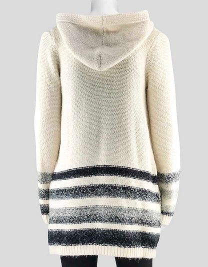 Splendid Long Cream Cotton Cardigan Sweater With Grey And Black Stripes Hooded With Side Pockets Size Medium