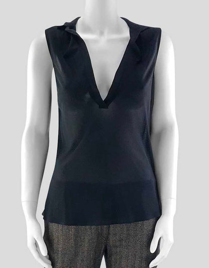 Jil Sander Women's Deep V Black Sleeveless Blouse With Notch Collar Material Is Sheer Size 36 It 6 US