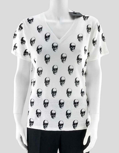 Skull Cashmere Women's White V-Neck Short Sleeve Knit Top With A Black Skull Print Throughout Size Large