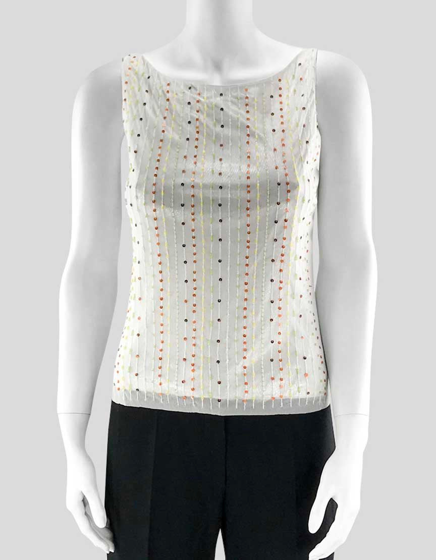 Vivienne Tam Women's White Sleeveless Top With Multi Color Sequin Design On Front With Silver Underlay Small