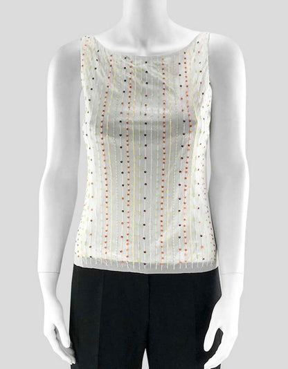 Vivienne Tam Women's White Sleeveless Top With Multi Color Sequin Design On Front With Silver Underlay Small