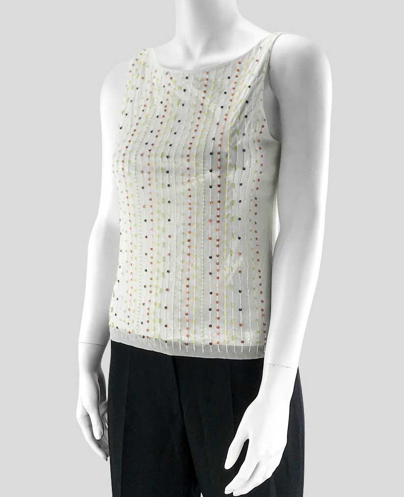Vivienne Tam Women's White Sleeveless Top With Multi Color Sequin Design On Front With Silver Underlay Small