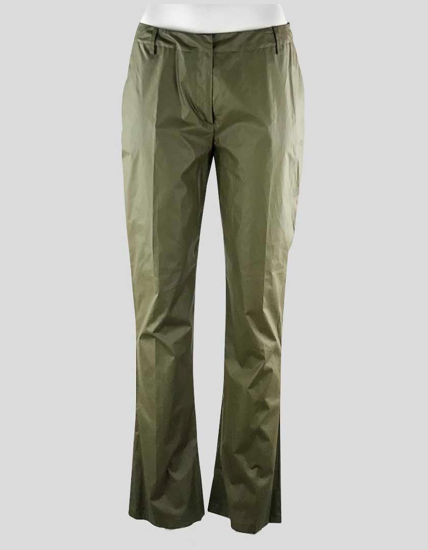 Miu Miu Women's Army Green Flat Front Mid Rise Straight Leg Cotton Coated Pants With Side Pockets Size 44 It