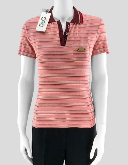 D & G Women's Pink And Red Striped Cotton Stretch Polo Top With Lace Detail On Back Size 44 It