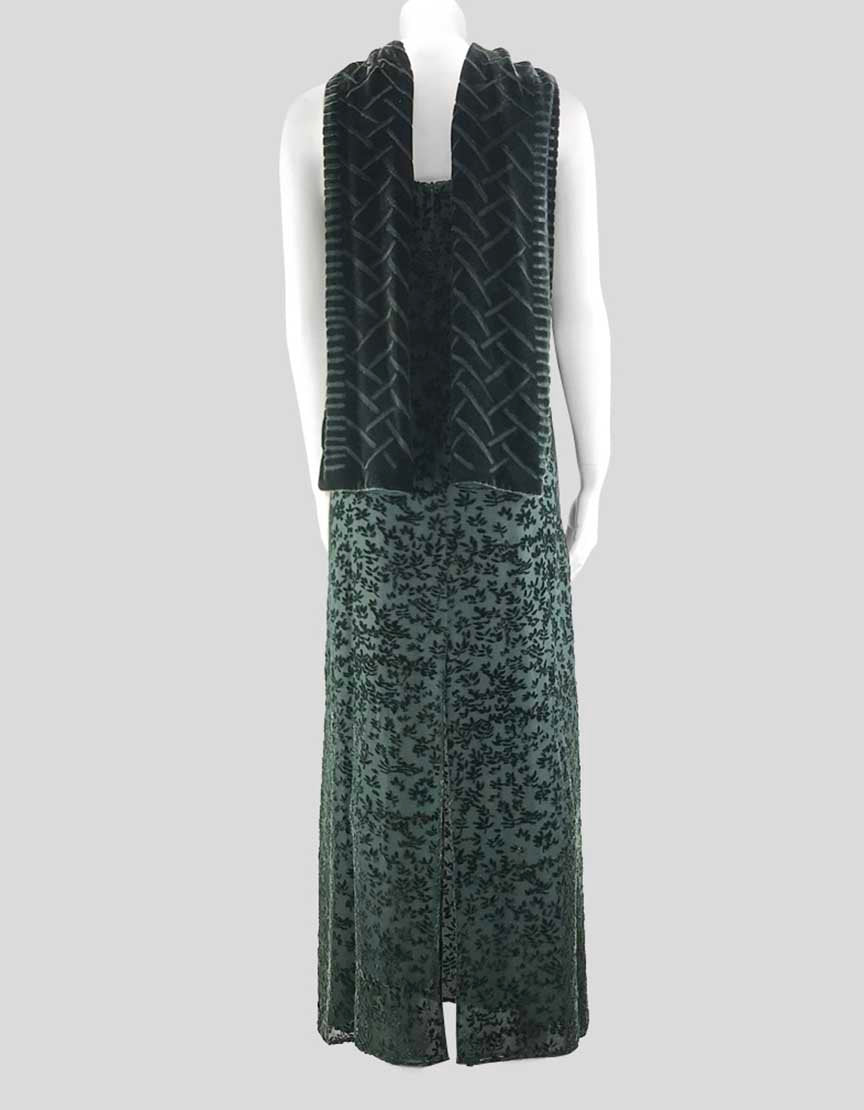 Giorgio Armani Le Collezioni Women's Dark Green Sleeveless Floor Length Evening Dress With Green Velvet Flower Pattern 6 US