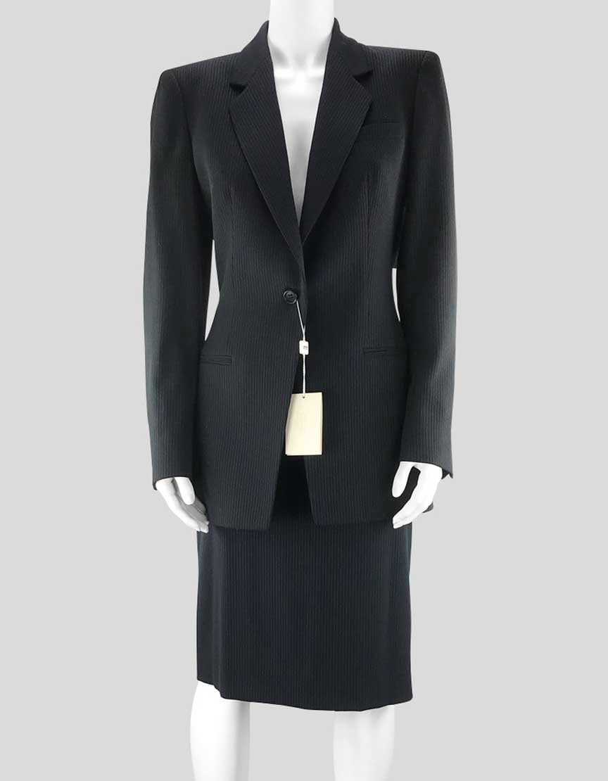 Armani Collezioni Women's Navy Blue Virgin Wool Skirt Suit Jacket Has One Button Front Closure And Notch Collar Size 8 US