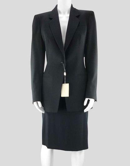 Armani Collezioni Women's Navy Blue Virgin Wool Skirt Suit Jacket Has One Button Front Closure And Notch Collar Size 8 US