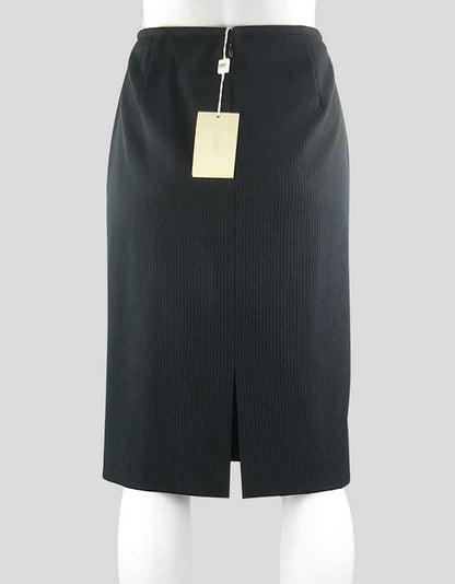 Armani Collezioni Women's Navy Blue Virgin Wool Skirt Suit Jacket Has One Button Front Closure And Notch Collar Size 8 US