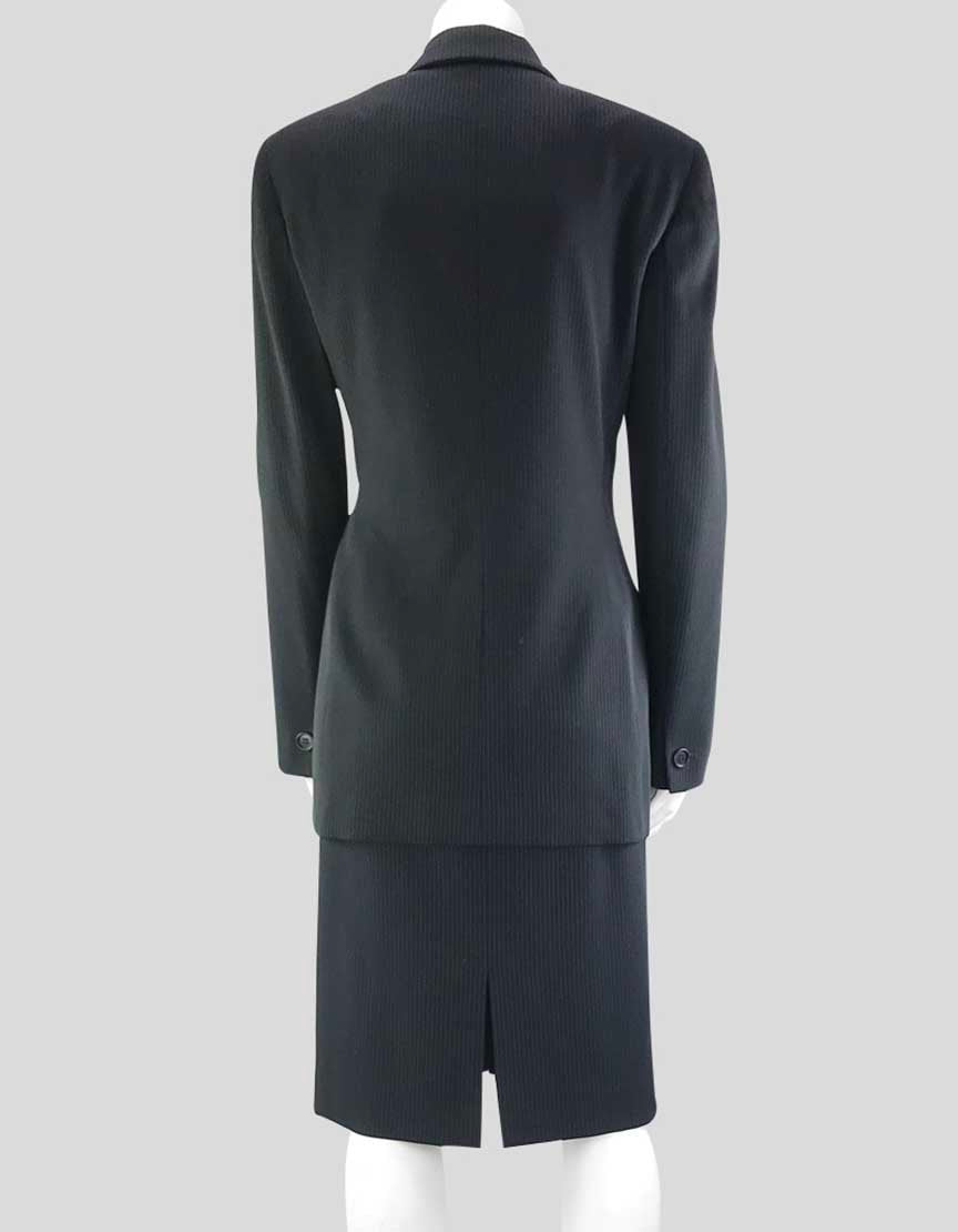 Armani Collezioni Women's Navy Blue Virgin Wool Skirt Suit Jacket Has One Button Front Closure And Notch Collar Size 8 US