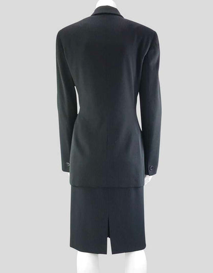 Armani Collezioni Women's Navy Blue Virgin Wool Skirt Suit Jacket Has One Button Front Closure And Notch Collar Size 8 US
