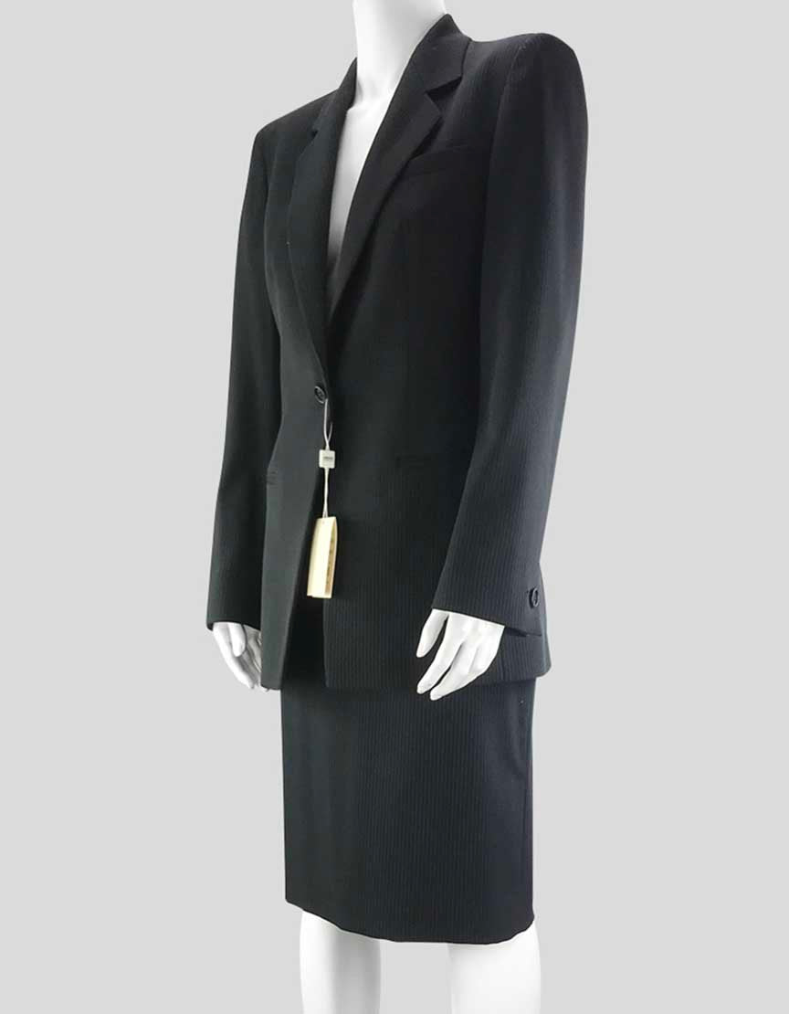 Armani Collezioni Women's Navy Blue Virgin Wool Skirt Suit Jacket Has One Button Front Closure And Notch Collar Size 8 US