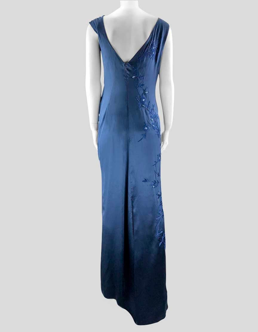 Alberta Ferretti Women's Blue Silk Cap Sleeve Evening Dress With Bead Sequined And Embroidered Flower Print Size 10 US