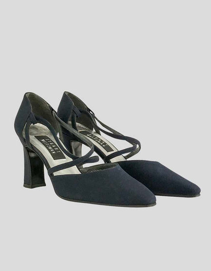 Stuart Weitzman Women's Navy Blue Fabric Evening Pumps With Square Toe And Criss Cross Straps At Vamp Size 7 W US
