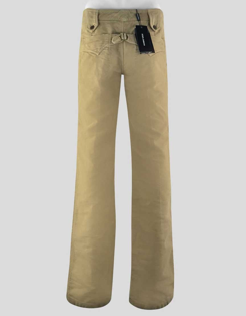 Dolce Gabbana Women's Tan 5 Pocket Mid Rise Wide Legged Thick Cotton Twill Pants With Back Pocket Detail Design Buckle Detail On Back 42 It