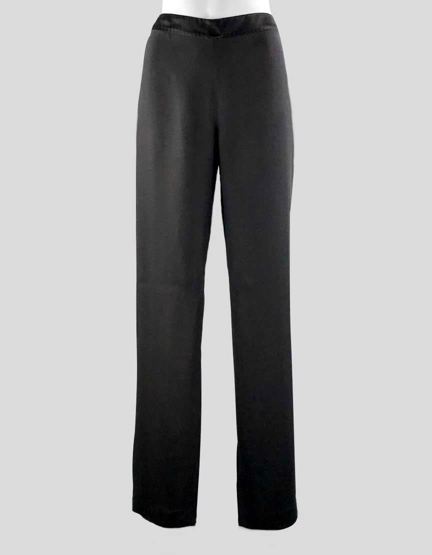 Dries Van Noten Women's Black Flat Front Wide Leg Dress Pants With Satin Waist Band And Hip Detail Concealed Side Zipper Size 44 It