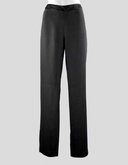 Dries Van Noten Women's Black Flat Front Wide Leg Dress Pants With Satin Waist Band And Hip Detail Concealed Side Zipper Size 44 It