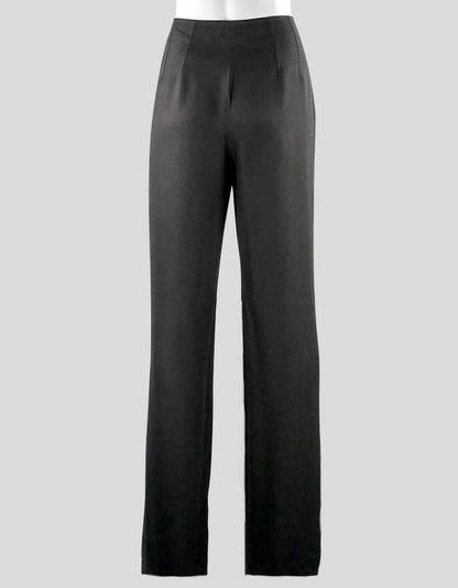 Dries Van Noten Women's Black Flat Front Wide Leg Dress Pants With Satin Waist Band And Hip Detail Concealed Side Zipper Size 44 It