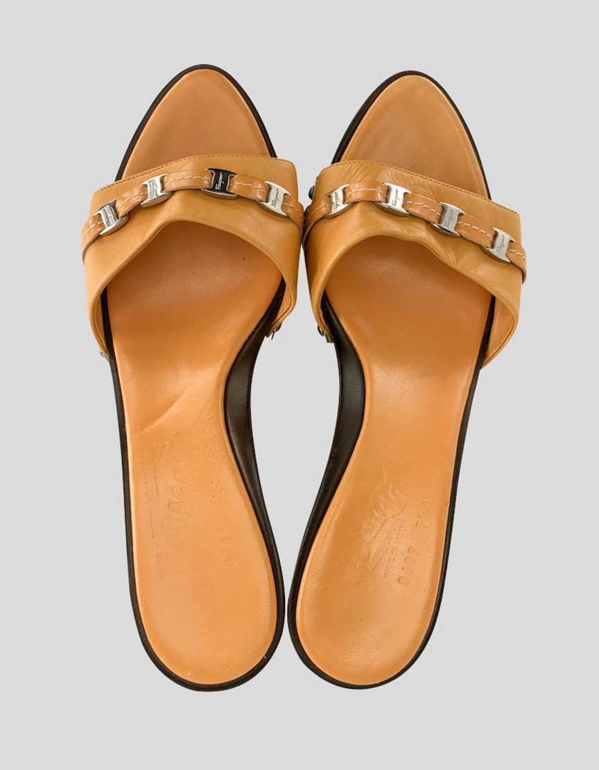 Salvatore Ferragamo Women's Orange Platform Wedge Slide Leather Sandals Featuring Logo Silver Tone Accents Wooden Heels Size 7.5 C US