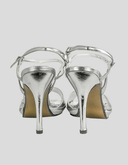 Stuart Weitzman Silver Leather Open Toe Platform Evening Sandal Heels With Ankle Strap And Jeweled Buckle Closure Size 8 B US