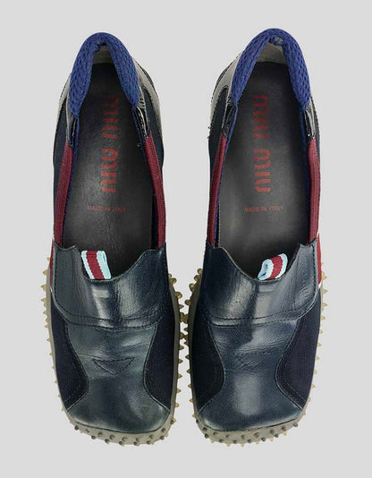 Miu Miu Women's Navy Blue Canvas And Red Patent Leather Loafer Inspired Shoes With Rubber Driving Soles Size 37 It