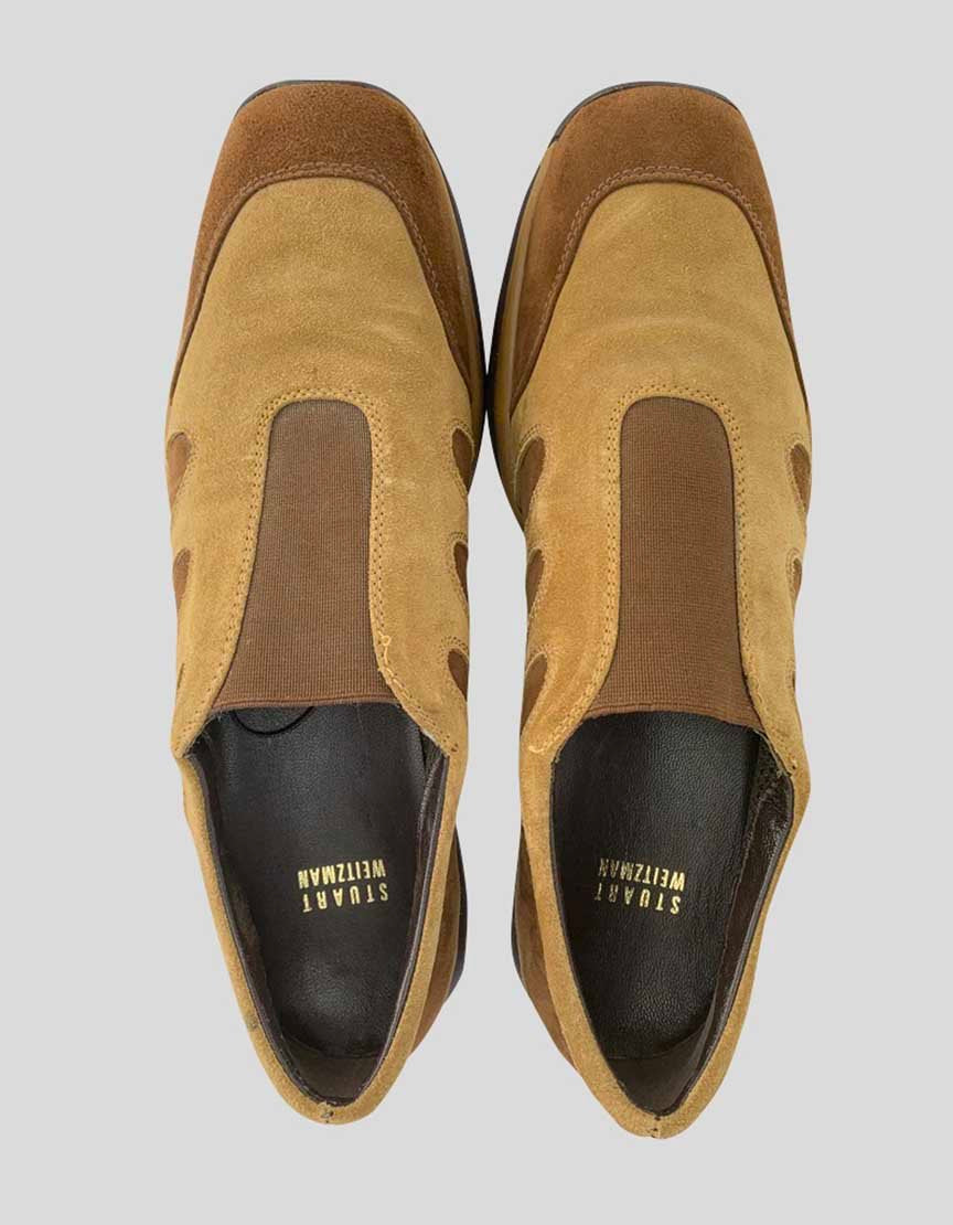 Stuart Weitzman Women's Two Tone Brown Suede Loafers With Elastication At Vamp And Rubber Soles Size 9.5 US