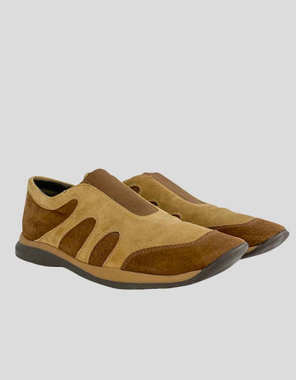 Stuart Weitzman Women's Two Tone Brown Suede Loafers With Elastication At Vamp And Rubber Soles Size 9.5 US
