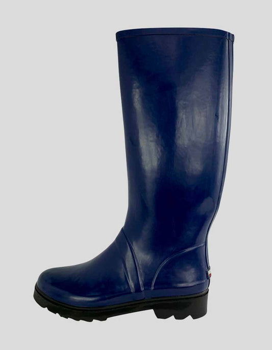 Polo Sport Ralph Lauren Women's Navy Blue Tall Rubber Boots With Logo At Heel And Black Rubber Soles Size 8B
