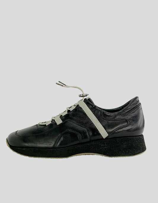 Paul Green Women's Black Patent Leather Platform Sneakers With Grey Stripes And Draw String Closure Size 8 US