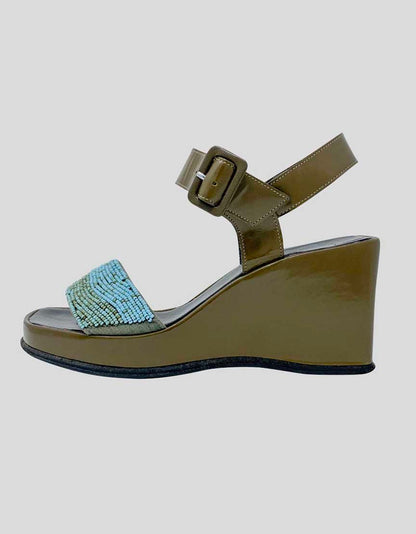 Robert Clergerie Brown Patent Leather Platform Wedge Sandals With Turquoise Beading Detail Size 44 It