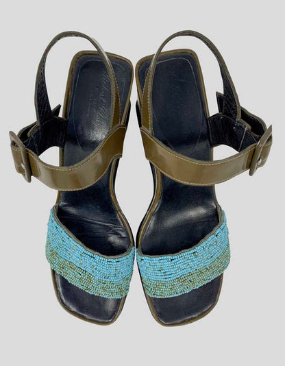 Robert Clergerie Brown Patent Leather Platform Wedge Sandals With Turquoise Beading Detail Size 44 It