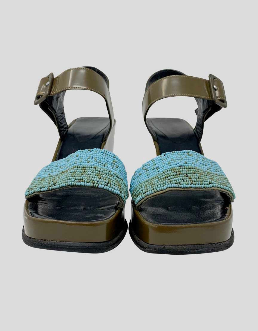 Robert Clergerie Brown Patent Leather Platform Wedge Sandals With Turquoise Beading Detail Size 44 It