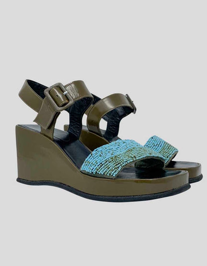 Robert Clergerie Brown Patent Leather Platform Wedge Sandals With Turquoise Beading Detail Size 44 It