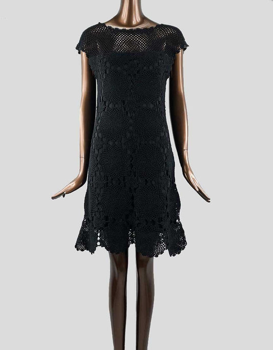Trina Turk Black Crochet Knit Sheath Dress With Cap Sleeves - Large