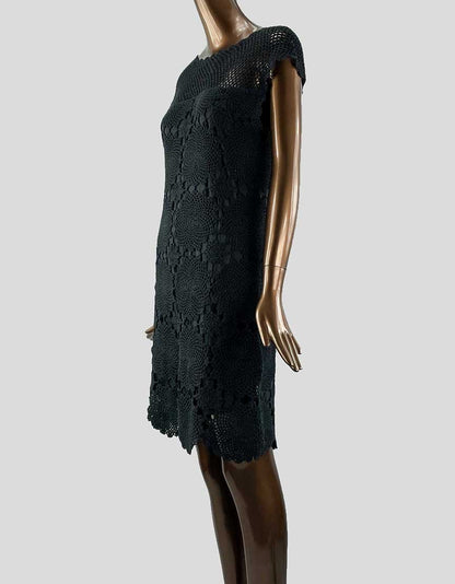 Trina Turk Black Crochet Knit Sheath Dress With Cap Sleeves Large