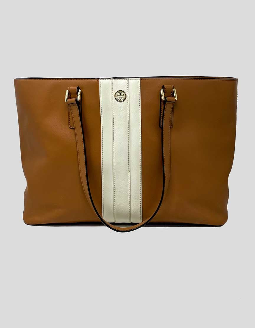 Tory Burch Tote Bag In Brown Leather With Front White Stripe