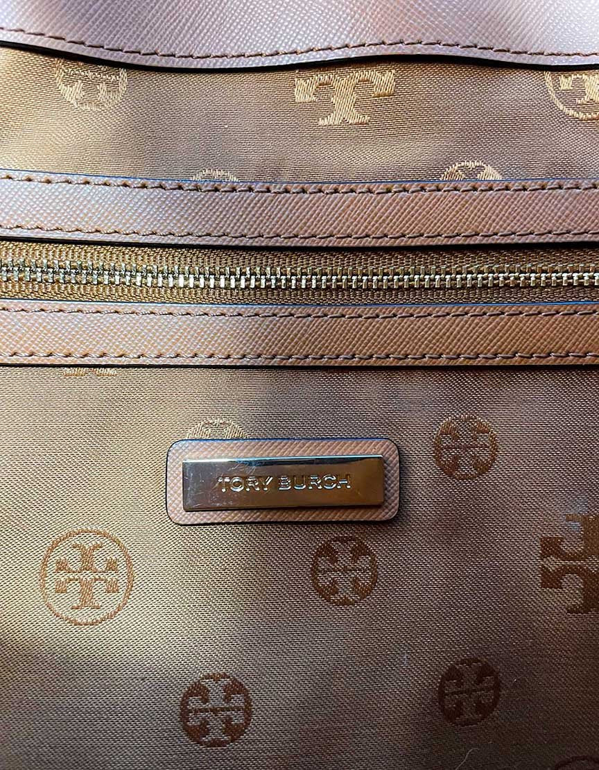 Tory Burch Tote Bag In Brown Leather With Front White Stripe