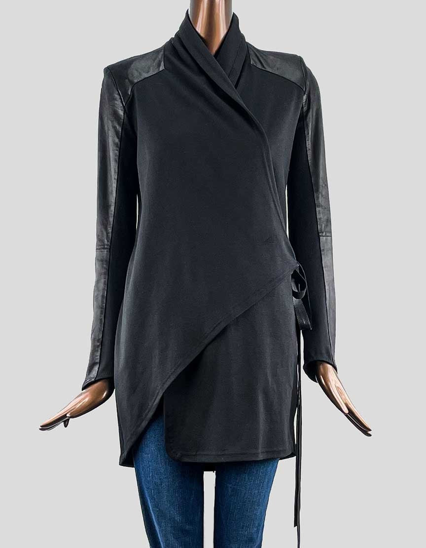 LaMARQUE COLLECTION black wrap coat with black leather trim