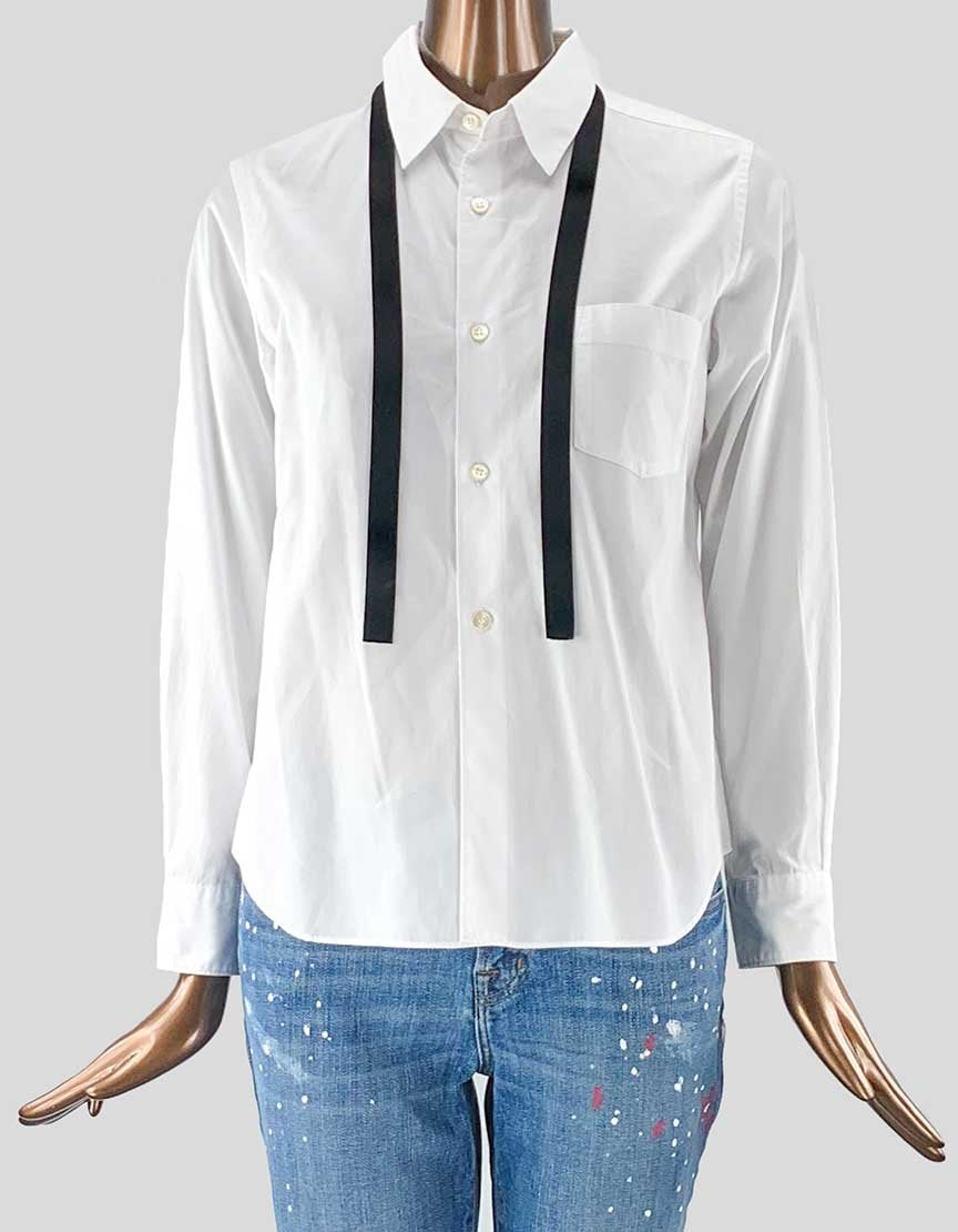 Comme Des Garcons White Blouse With Velvet Tie Small