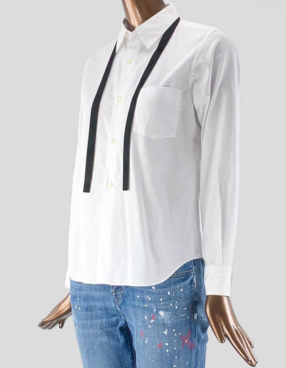 Comme Des Garcons White Blouse With Velvet Tie Small